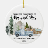 Eerste Kerstmis als Mr en Mrs Truck Rustic Keramisch Ornament (Achterkant)