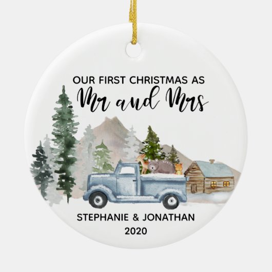 Eerste Kerstmis als Mr en Mrs Truck Rustic Keramisch Ornament (Achterkant)