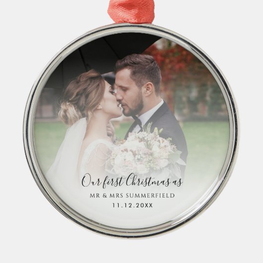 Eerste Kerstmis als Mr en Mrs Wedding Foto Metalen Ornament (Voorkant)