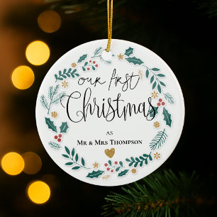 Eerste kerstmis als Mr & Mrs 2025 Huwelijkscadeau Keramisch Ornament