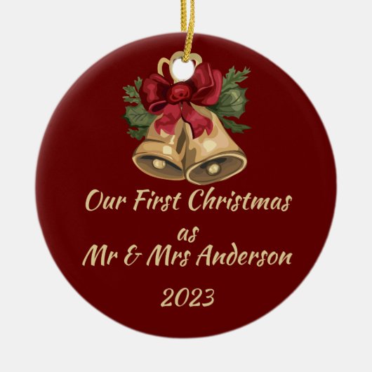 Eerste Kerstmis als Mr & Mrs bewerkbare namen & da Keramisch Ornament (Voorkant)