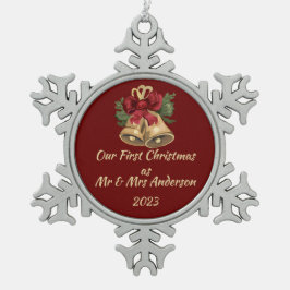Eerste Kerstmis als Mr & Mrs bewerkbare namen & da Tin Sneeuwvlok Ornament