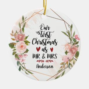 Eerste Kerstmis als Mr & Mrs Blush Rozen Wedding Keramisch Ornament