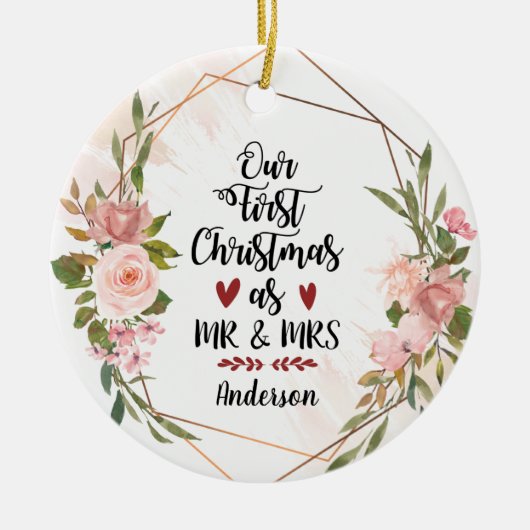 Eerste Kerstmis als Mr & Mrs Blush Rozen Wedding Keramisch Ornament (Voorkant)