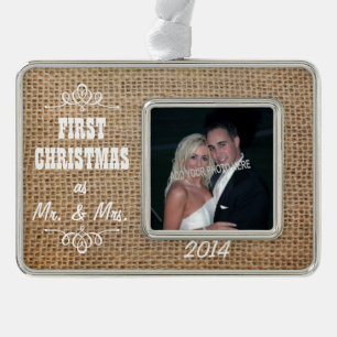 Eerste Kerstmis als Mr & Mrs Burlap Verzilverd Omlijst Ornament