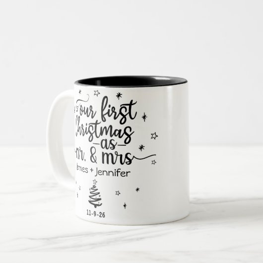 Eerste Kerstmis als Mr & Mrs Custom Photo & Name Tweekleurige Koffiemok (Voorkant links)