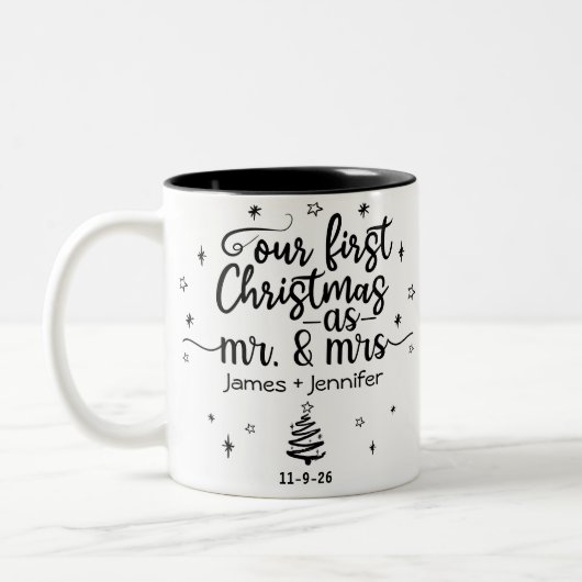Eerste Kerstmis als Mr & Mrs Custom Photo & Name Tweekleurige Koffiemok (Links)