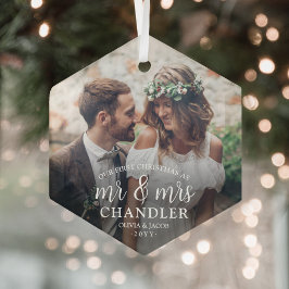 Eerste Kerstmis als Mr & Mrs. ∙ Eenvoudige foto He Glas Ornament