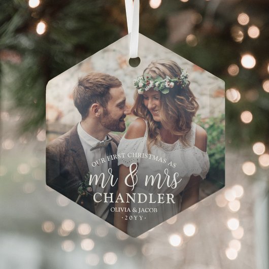 Eerste Kerstmis als Mr & Mrs. ∙ Eenvoudige foto He Glas Ornament