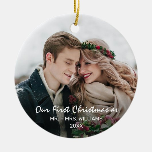 Eerste Kerstmis als Mr. & Mrs Foto Keramisch Ornament (Voorkant)