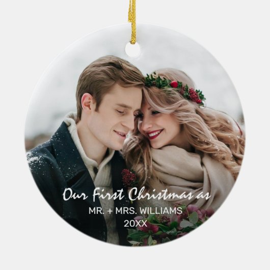 Eerste Kerstmis als Mr. & Mrs Foto Keramisch Ornament (Achterkant)