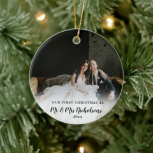 Eerste Kerstmis als Mr & Mrs. Foto Overlay Keramisch Ornament
