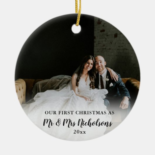 Eerste Kerstmis als Mr & Mrs. Foto Overlay Keramisch Ornament (Voorkant)