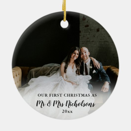 Eerste Kerstmis als Mr & Mrs. Foto Overlay Keramisch Ornament (Achterkant)