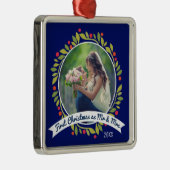 Eerste Kerstmis als Mr & Mrs Foto | Schot op blauw Metalen Ornament (Rechts)