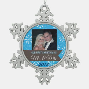 Eerste Kerstmis als Mr & Mrs  Foto Tin Sneeuwvlok Ornament