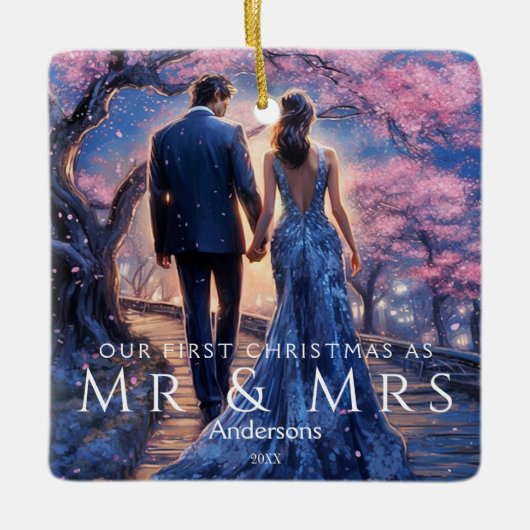Eerste Kerstmis als Mr & Mrs Modern Photo Couple Keramisch Ornament (Voorkant)
