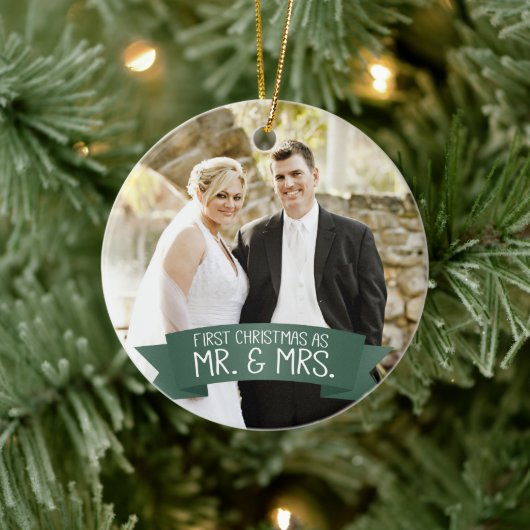 Eerste Kerstmis als Mr. & Mrs Photo Dark Green Keramisch Ornament (Boom)