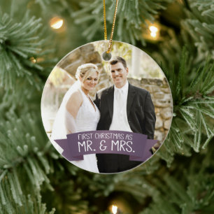 Eerste Kerstmis als Mr. & Mrs Photo Dark Paars Keramisch Ornament