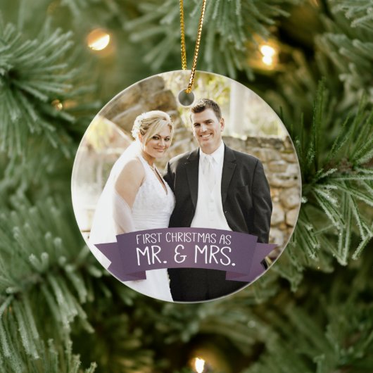 Eerste Kerstmis als Mr. & Mrs Photo Dark Paars Keramisch Ornament (Boom)