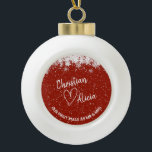 Eerste Kerstmis als Mr & Mrs Red Ceramic Ornament<br><div class="desc">Een persoonlijke kerstversiering met "Onze eerste xmas als Mr en Mrs." aan de voorkant. Donkere rode achtergrond ziet er erg feestelijk uit met witte sneeuwvlokken lijst! Alle tekst kan worden bewerkt. Als u het ontwerp verder moet wijzigen,  klikt u op "Aanpassen verder"</div>