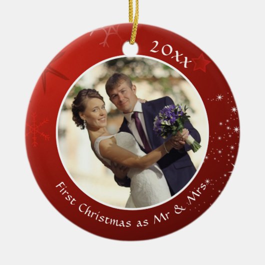 Eerste Kerstmis als MR & MRS Red Snowflake 2 Foto Keramisch Ornament (Voorkant)