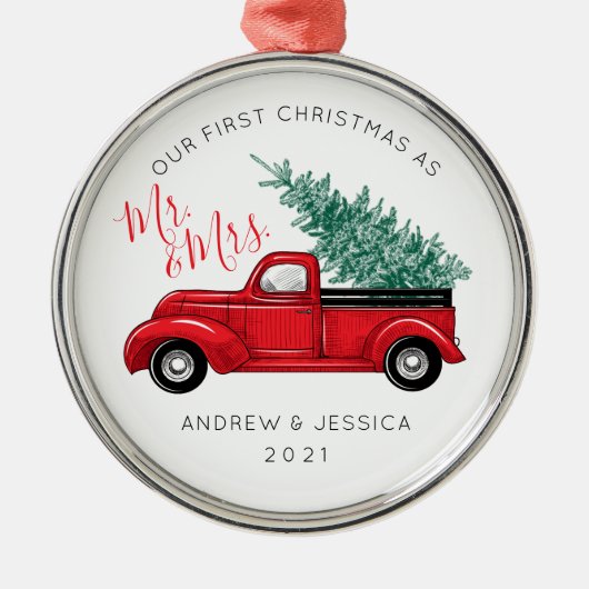 Eerste Kerstmis als Mr. & Mrs. |  Red Truck Metalen Ornament (Voorkant)