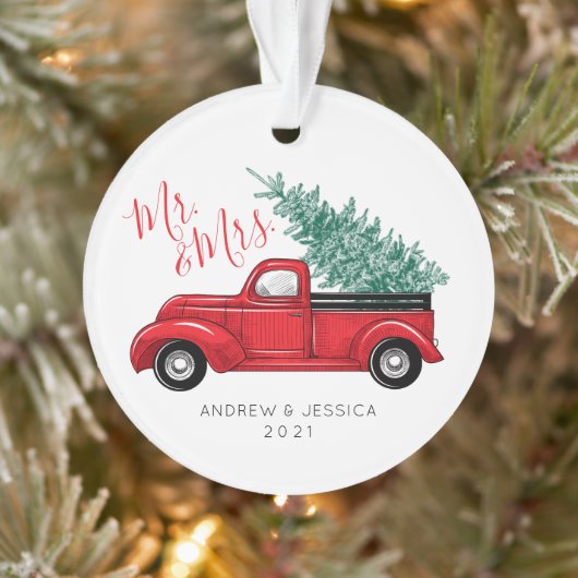 Eerste Kerstmis als Mr. & Mrs. |  Red Truck  Ornament (Boom)