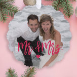 Eerste Kerstmis als Mr & Mrs script foto naam Ornament Kaart<br><div class="desc">Modern grappig roze script eerste kerst samen als Mr en Mrs keepsake tree ornament kaart sjabloon. Eenvoudig te personaliseren op de achterkant met jouw tekst,  namen en datum.</div>