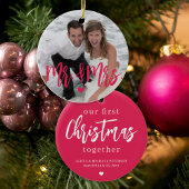 Eerste Kerstmis als Mr & Mrs script foto naam roze Keramisch Ornament