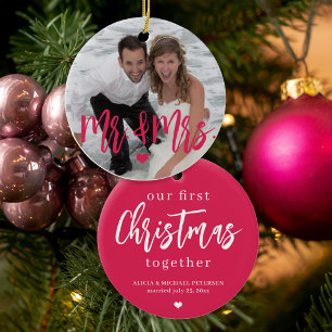 Eerste Kerstmis als Mr & Mrs script foto naam roze Keramisch Ornament