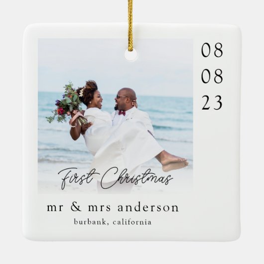 Eerste Kerstmis als Mr & Mrs Wedding Foto Keramisch Ornament (Achterkant)