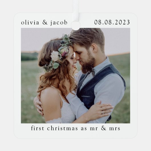 Eerste Kerstmis als Mr & Mrs Wedding Photo Keepomw Metalen Ornament (Achterkant)