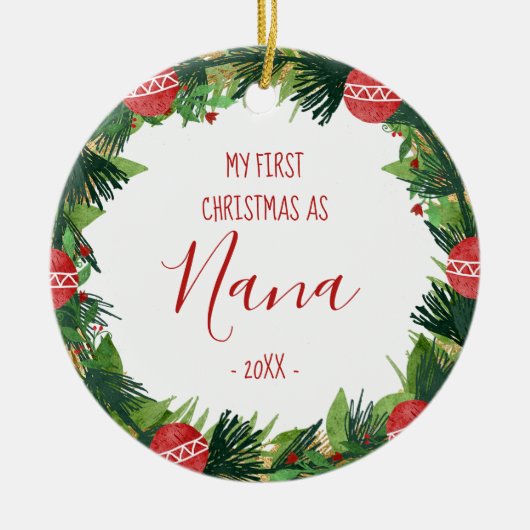 Eerste Kerstmis als Nana Baby Photo Wreate Keramisch Ornament (Voorkant)