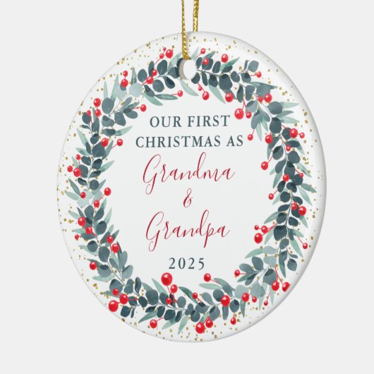 Eerste Kerstmis als oma en opa Holly Berries Keramisch Ornament (Links)