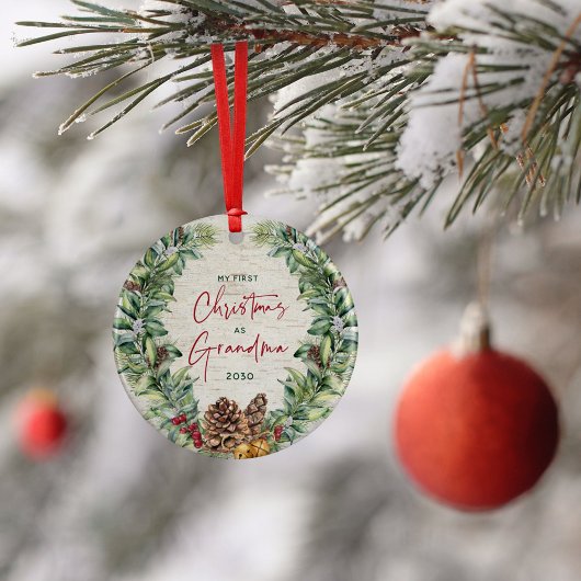 Eerste Kerstmis als oma Pine Wreath Birch Foto Keramisch Ornament