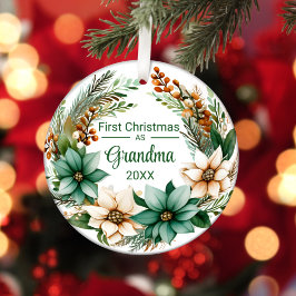 Eerste Kerstmis als Oma Witte Groene Poinsettias Keramisch Ornament