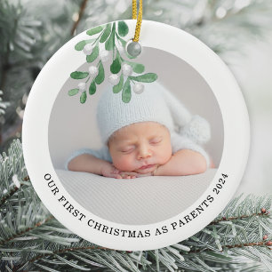 Eerste Kerstmis als Ouders Foto Waterverf Keramisch Ornament