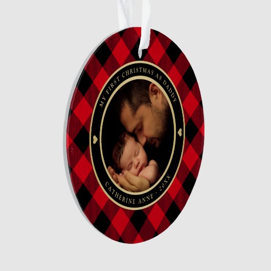 Eerste Kerstmis als pap Rustic Red Pset Foto Ornament (voorkant)