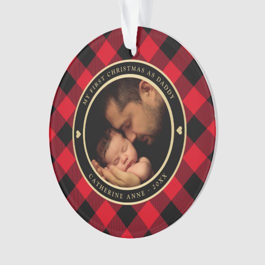 Eerste Kerstmis als pap Rustic Red Pset Foto Ornament (voorkant)
