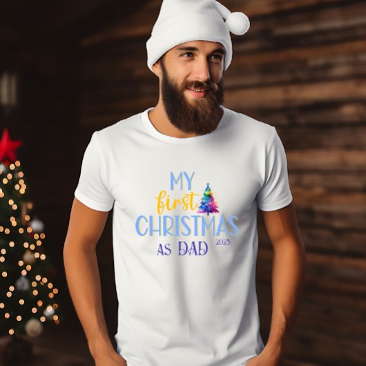 Eerste Kerstmis als Pap Waterverf Neon Xmas Tree T-shirt