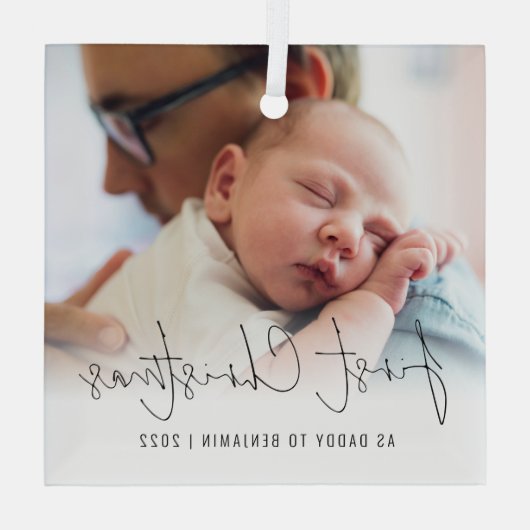 Eerste Kerstmis als Pappa Fotobedekking Glas Ornament (Achterkant)