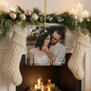 Eerste kerstmis als pasgetrouwd stel foto  keramisch ornament