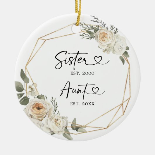 Eerste Kerstmis als tante White Floral Geometric Keramisch Ornament (Voorkant)