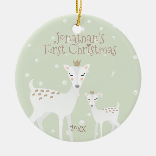 Eerste Kerstmis baby - Cute Deer - Green Keramisch Ornament (Voorkant)