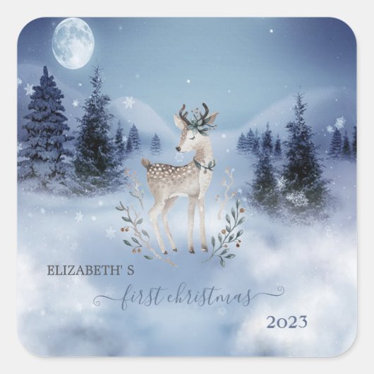 Eerste Kerstmis, Baby Deer, Winterlandschap Vierkante Sticker (Voorkant)