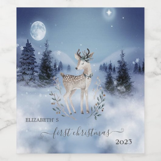 Eerste Kerstmis, Baby Deer, Winterlandschap Wijn Etiket (Enkel label)