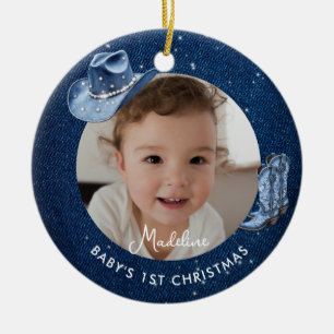 Eerste Kerstmis Baby Denim Diamanten Landelijke Co Keramisch Ornament