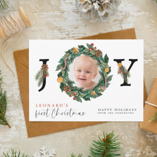 Eerste Kerstmis Baby Elegant & Botaniek Feestdagenkaart