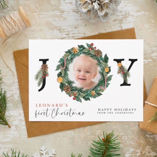 Eerste Kerstmis Baby Elegant & Botaniek Feestdagenkaart